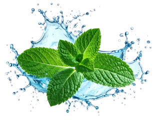 Fresh mint leaves immersed in water splashes