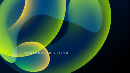 Abstract fluid shapes overlap, creating vibrant gradients. Blue, green, yellow hues dominate dark background. Modern design element.