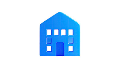 Shiny, 3D-rendered blue house icon with several windows on a stark black background