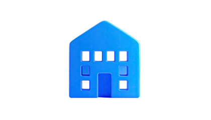 Shiny, 3D-rendered blue house icon with several windows on a stark black background
