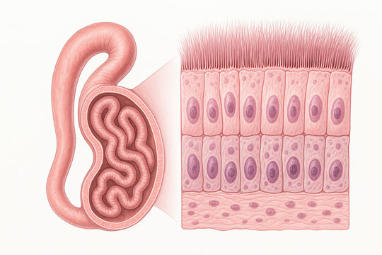Detailed illustration of intestinal villi and microscopic view of intestinal lining with cilia