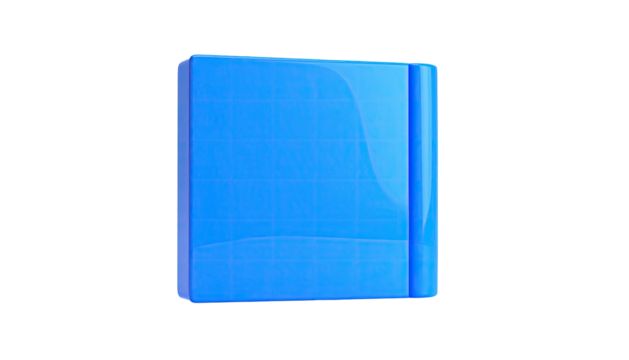 A glossy, sky-blue, rectangular object with rounded edges, on black