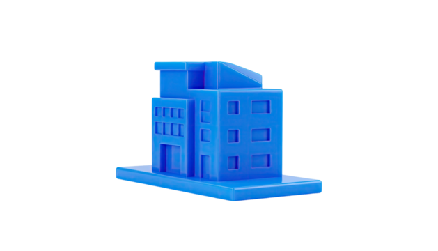 Blue 3D rendered building model isolated on black background, modern design