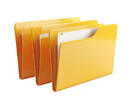 Three yellow file folders stacked, showing white document pages