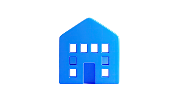 Shiny, 3D-rendered blue house icon with several windows on a stark black background