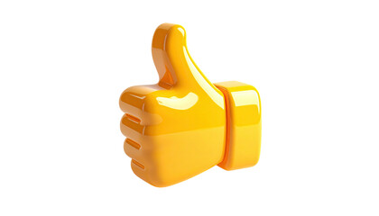 Gleaming, yellow, 3D thumbs-up emoji, isolated on a stark, black background
