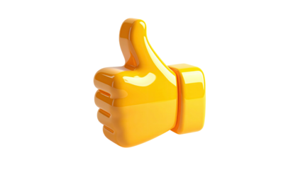 Gleaming, yellow, 3D thumbs-up emoji, isolated on a stark, black background