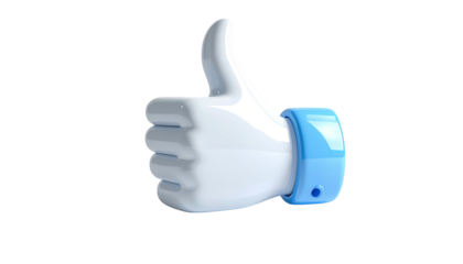 Glossy 3D rendered thumbs-up icon, white with blue accent on a black background