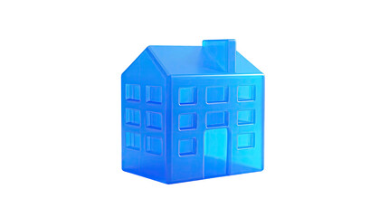 A glowing, translucent blue house illustration against a stark black background