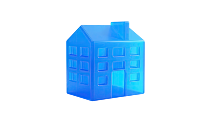A glowing, translucent blue house illustration against a stark black background