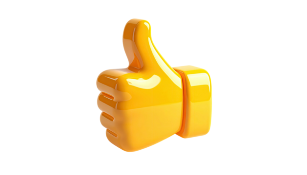 Gleaming, yellow, 3D thumbs-up emoji, isolated on a stark, black background
