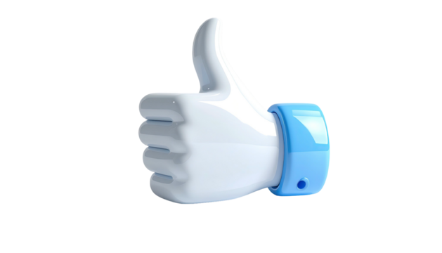 Glossy 3D rendered thumbs-up icon, white with blue accent on a black background