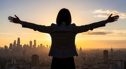 Fototapeta premium Silhouette of a woman with outstretched arms overlooking a city skyline at sunset, symbolizing freedom and success.