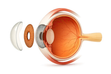 Anatomical illustration of the human eye with components including a contact lens, iris, lens, retina, and optic nerve.