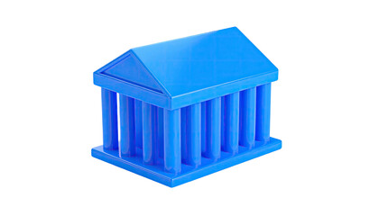 A blue, 3D-rendered classical building with pillars and a triangular roof, on black