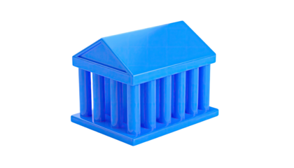 A blue, 3D-rendered classical building with pillars and a triangular roof, on black