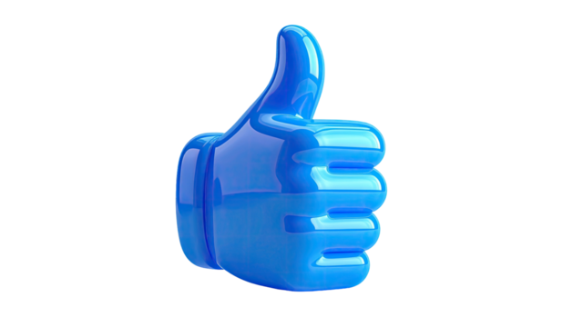 Shiny, 3D rendered, blue thumbs-up gesture, against a solid black background