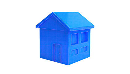 A vibrant blue miniature house with two windows, a door, and a black backdrop