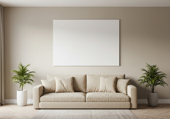 Serene living room scene featuring a plush beige sofa, twin potted plants, and a large blank canvas ready for your custom artwork, creating a modern, inviting atmosphere.