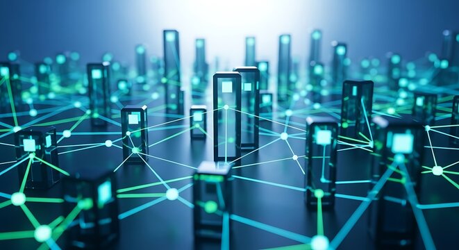 Abstract digital network of data servers connected by lines, representing information flow.
