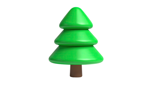 Stylized, glossy, green fir tree with a brown trunk, set against a black backdrop - Powered by Adobe