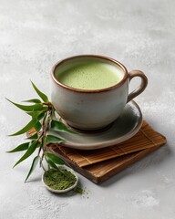 Zen Matcha Bliss: A serene still life captures the essence of a creamy matcha latte, artfully presented with a bamboo sprig, matcha powder, and coaster.