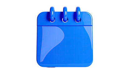 Glossy 3D blue calendar icon with ring binding, on a stark black background