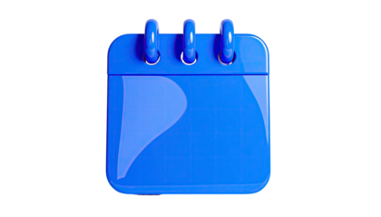 Glossy 3D blue calendar icon with ring binding, on a stark black background