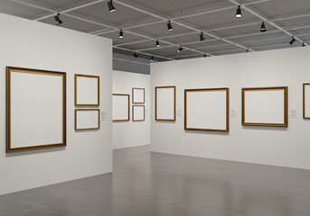 Elegant art gallery interior with empty ornate frames awaiting masterpieces, showcasing sophisticated exhibition space.