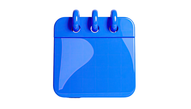 Glossy 3D blue calendar icon with ring binding, on a stark black background
