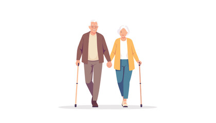 An old couple holding hands while walking with canes, symbolizing enduring love, mutual support, and companionship in their golden years