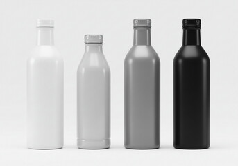 Four sleek modern beverage bottles in white gray and black stand ready for your product branding and design concepts