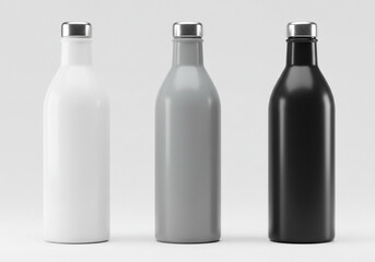 Sleek modern reusable water bottles in white, grey, and black with metallic caps showcase minimalist design and eco-friendly lifestyle.