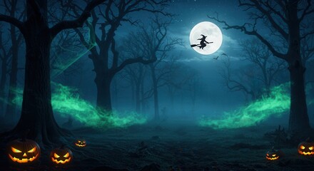 Spooky Halloween night in a mysterious forest with a witch flying past a full moon, glowing fog, and carved pumpkin lanterns