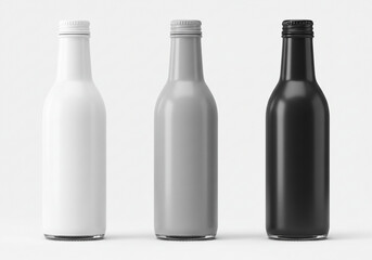 Sleek minimalist glass bottles in white, grey, and black stand ready for beverage branding and product mockups