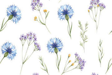 Vector art of watercolor seamless pattern with blue cornflowers, purple wildflowers, and green leaves floral design for fabric, wallpaper, and wrapping paper