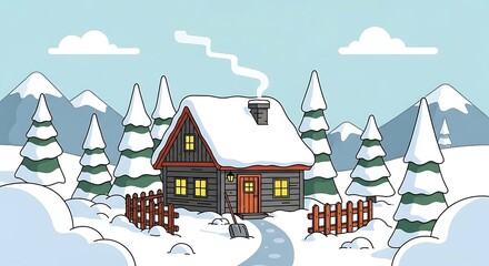 Naklejka premium Winter Cabin Landscape. (10)