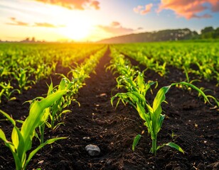 Lush young corn field at sunrise
