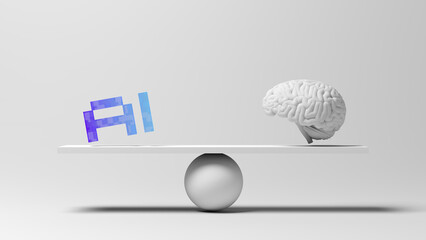Balance. AI text and brain isolated on gray background. Artificial intelligence. Blue and violet color. Pixel. Glassmorphism. 3d illustration.