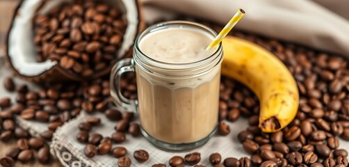 Creamy vegan coconut banana coffee smoothie, coffee beans in jar, food, stock photo