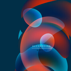 Abstract fluid shapes overlap, creating vibrant color gradients. Blue, red hues dominate design, offering modern aesthetic.