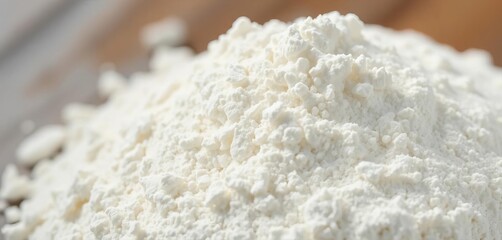 Fine white flour, close-up texture showing powdery surface, subtle light and shadow, cuisine, ingredient