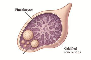 Detailed illustration of the pineal gland showing pinealocytes and calcified concretions.