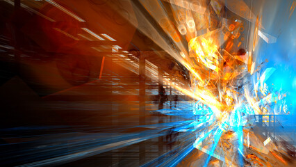 Futuristic speeding city traffic concept. Abstract fractal art background. Layered effect with dynamic light streaks and grid structures.