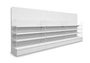 Modern retail display shelves with clear dividers and ample shelving space, perfect for product merchandising and store layout planning.