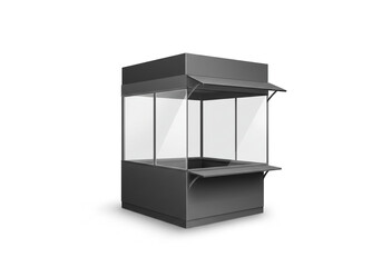 Modern black kiosk with glass display windows and service counter ready for retail or food business customization