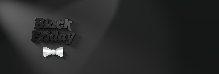 Obraz premium texte black friday et noeud papillon blanc sur fond noir au format bannière web - illustration 3D 