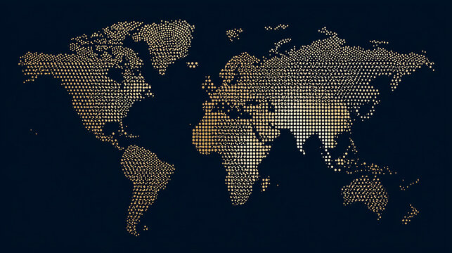 World Digital Map with Golden Dots on Dark Blue Background