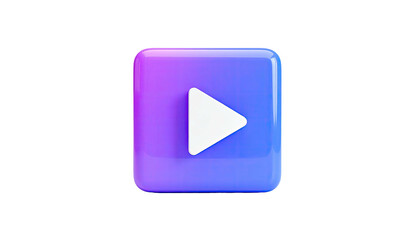Glossy, 3D purple square with a white play button on a black background