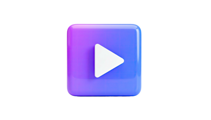 Glossy, 3D purple square with a white play button on a black background